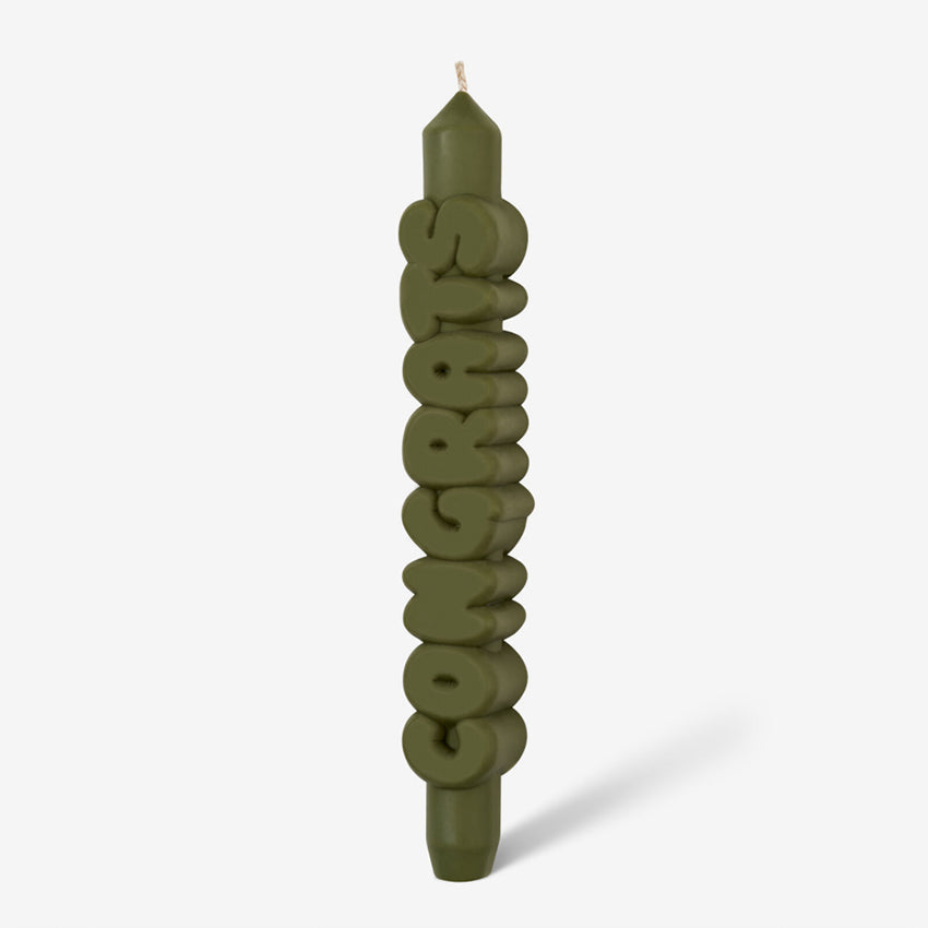 Candle Hand Congrats 3D Taper Candle in olive on a grey background