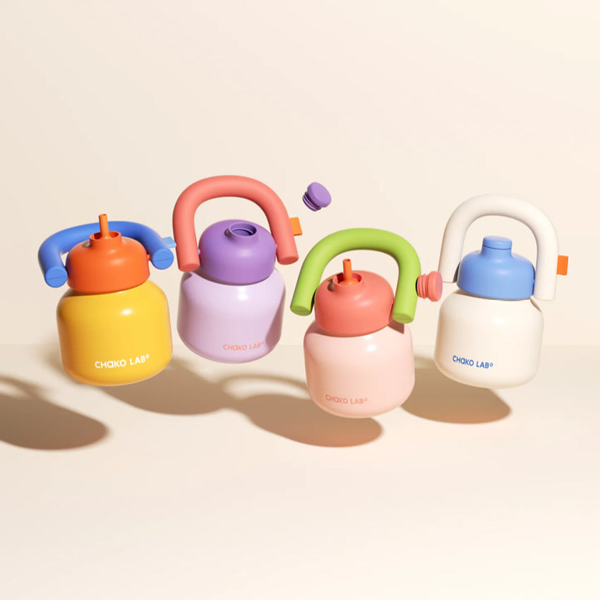 The Chako Lab Linlin Kettle water bottle range in different colours on a blush pink background
