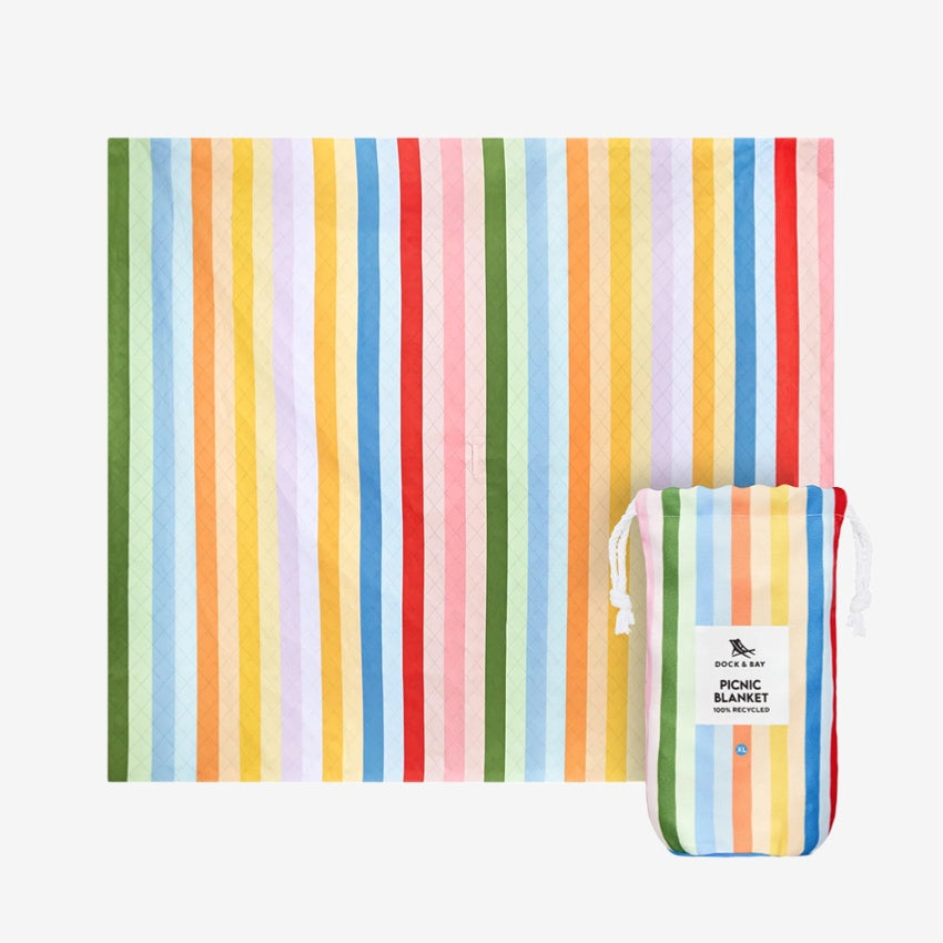 The Dock & Bay Picnic Blanket in Candy Stripe on a grey background