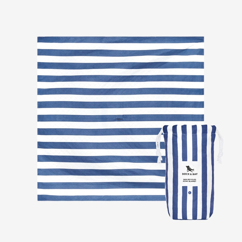 The Dock & Bay Picnic Blanket in Whitsunday Blue and White stripe