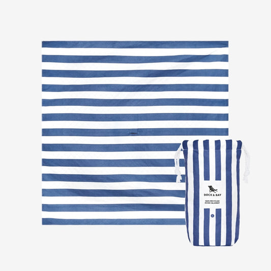 The Dock & Bay Picnic Blanket in Whitsunday Blue and White stripe