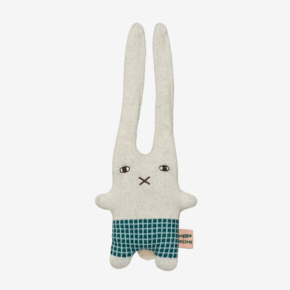 Donna Wilson's Wee One Knitted bunny toy with a green checkered bottom named Bonnie Bunny on a white background