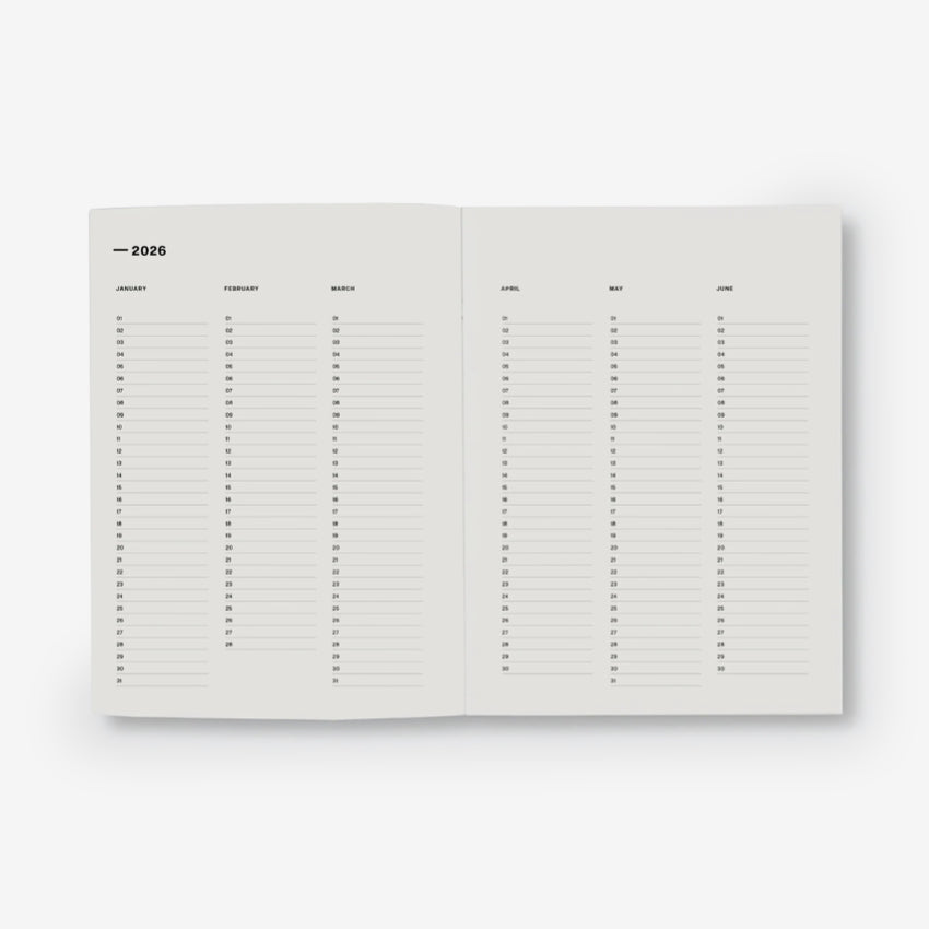 Open planner showing the yearly layout with a white background