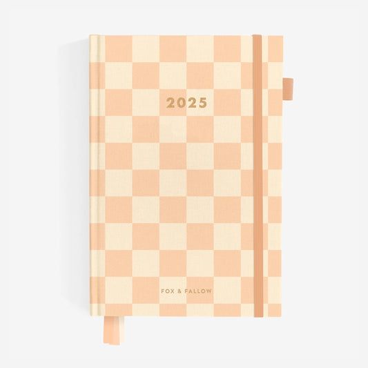 The Fox & Fallow 2025 A5 Horizontal Planner in Salmon Check cover on a blank background