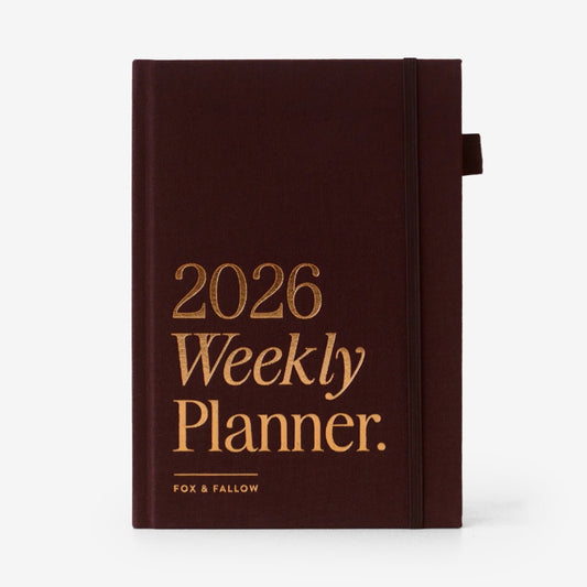 The Fox & Fallow 2026 A5 Vertical Planner in Chocolate on a grey background