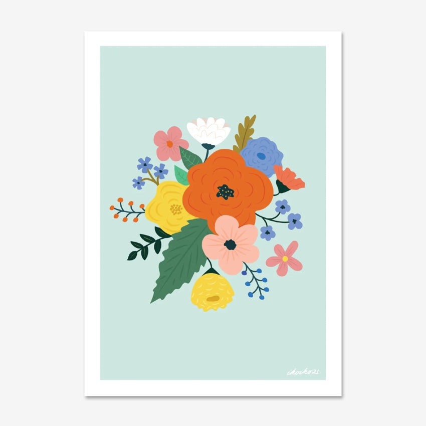 The Iko Iko Bloom Bouquet in Mint and Orange Art Print
