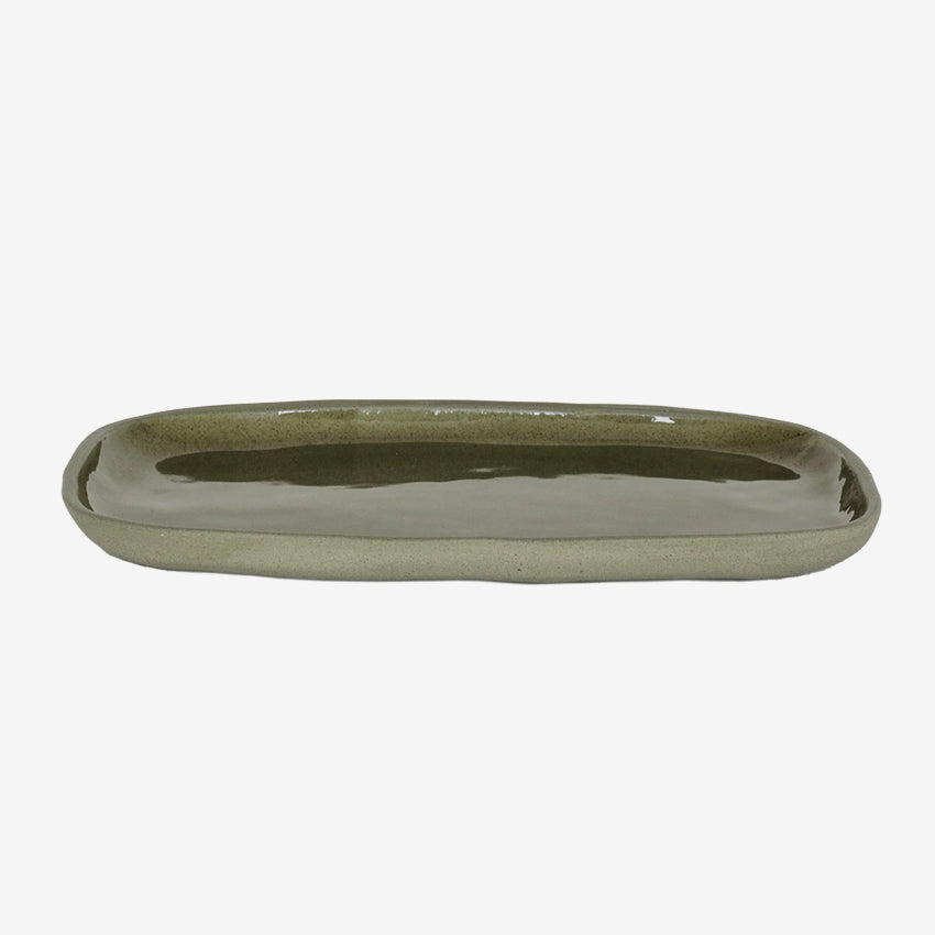 The JS Ceramics Rectangle Platter in Sage Green on a blank background