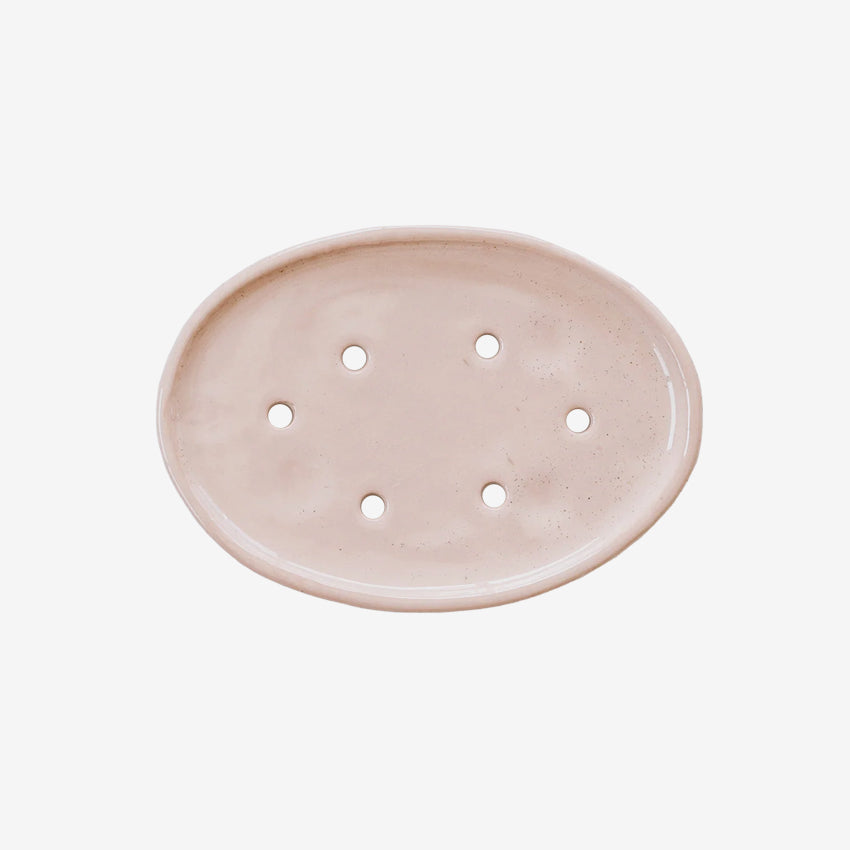 The JS Ceramics Soap Dish in Pink Sand on a blank background