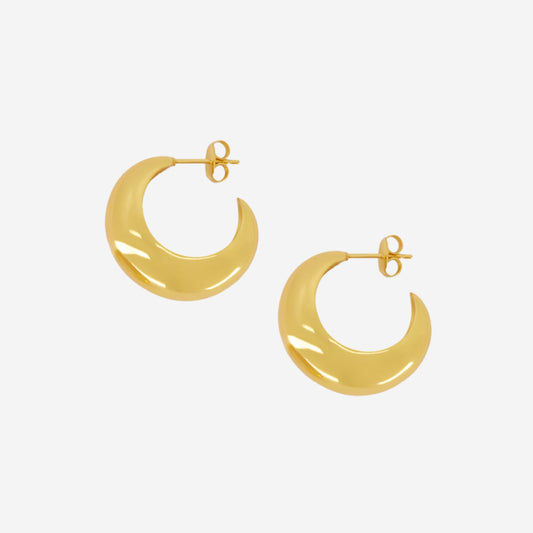 The La Tribe Half Moon Hoops in Gold on a blank background