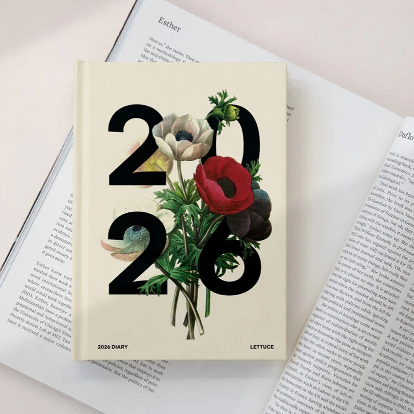 The Lettuce 2026 Daily Diary in Anemones design on top of a magazine
