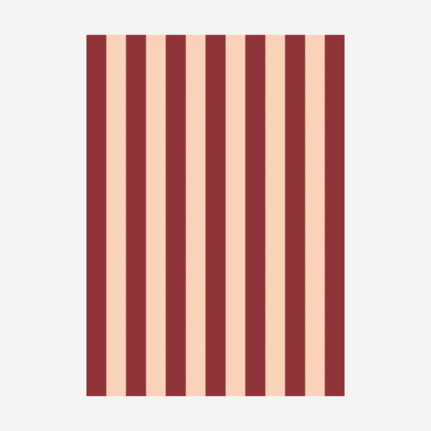 The Lettuce Linen Tea Towel in Peach and Burgundy Bold Stripe on a blank background