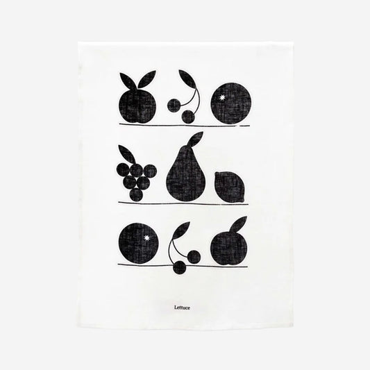 The Lettuce Linen Tea Towel in Fruit Shelf design on a blank background