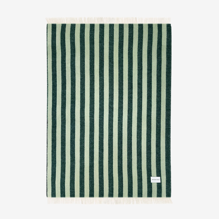 The Maison Deux Candy Wrap Blanket in green sage vertical stripes on a white background