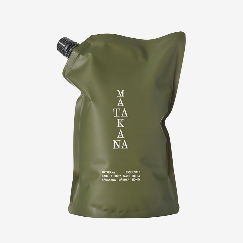The Matakana Essentials Hand and Body Wash refill pouch on a grey background