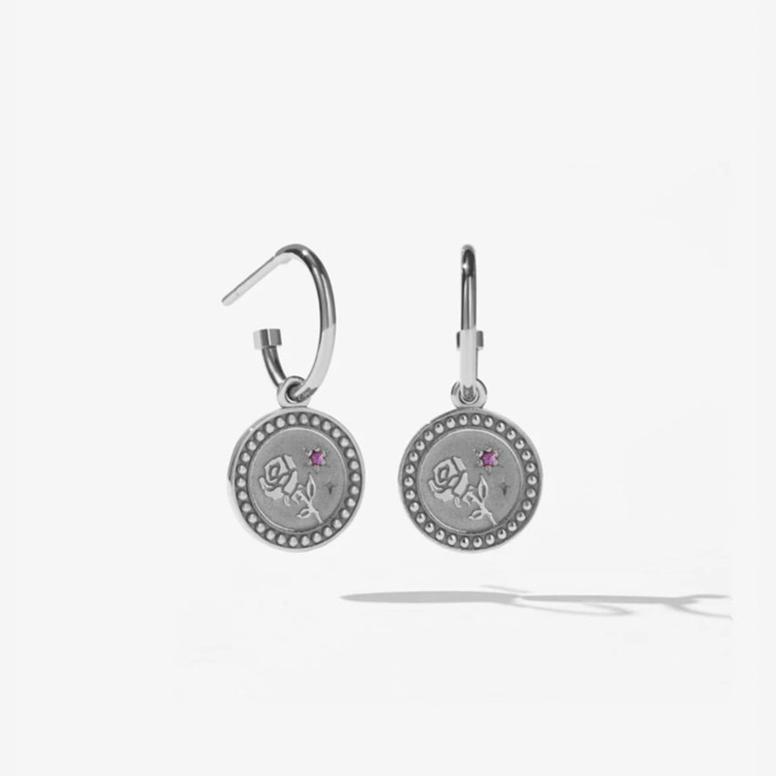 The Meadowlark Amulet Love Signature Hoops featuring 2 round brilliant cut pink sapphires in Sterling Silver on a blank background
