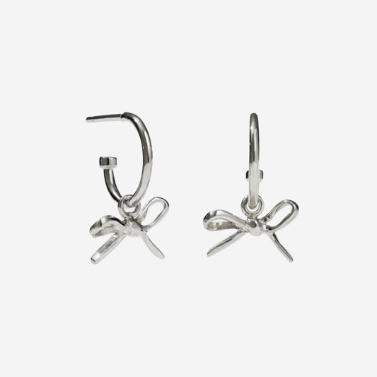 The Meadowlark Bow Signature Hoops in silver on a blank background