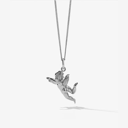 The Meadowlark Cherub Necklace in Sterling Silver on a blank background.