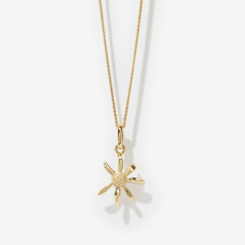 The Meadowlark Daisy Charm Necklace in Gold on a blank background