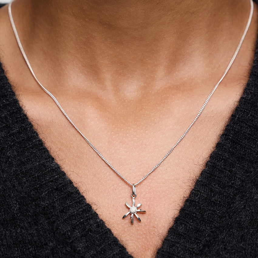 The Meadowlark Daisy Charm Necklace in Sterling Silver on a model