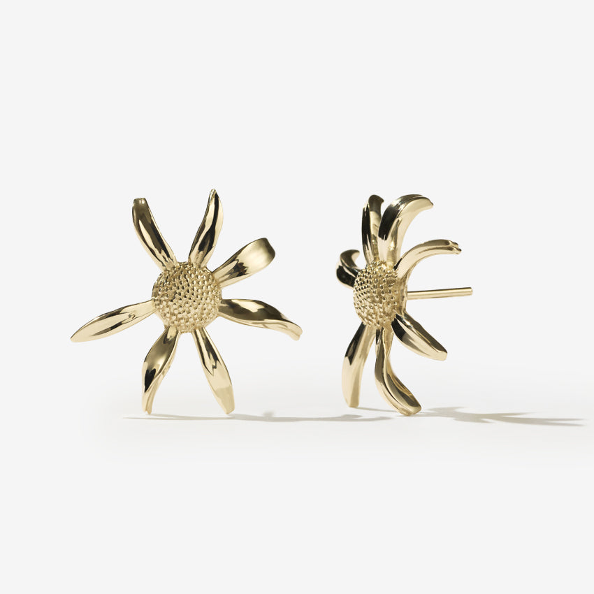 The Meadowlark Daisy Earrings in Medium and Gold on a blank background
