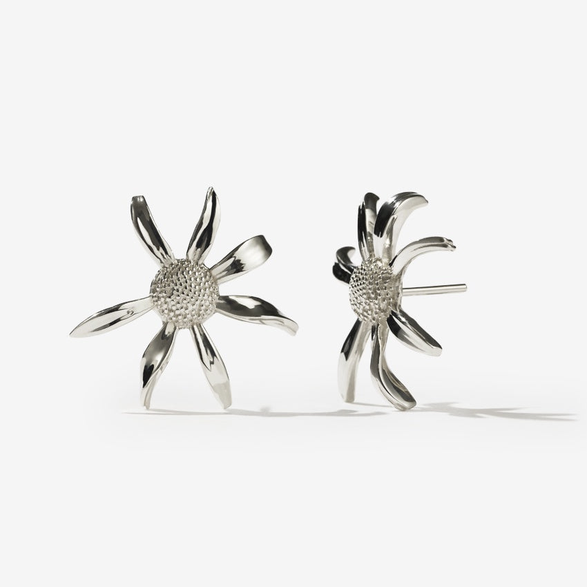 The Meadowlark Daisy Earrings in Medium and Sterling Silver on a blank background