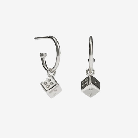 The Meadowlark Dice Signature Hoops in Silver on a blank background