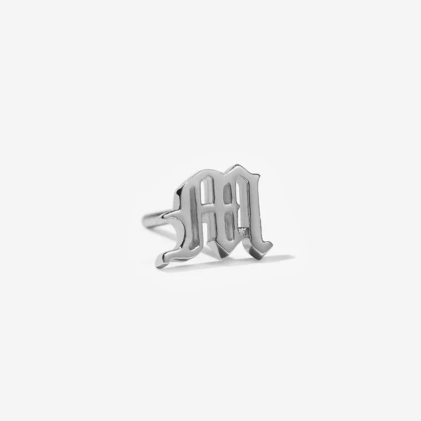 Meadowlark M Letter Stud in Silver on a blank background