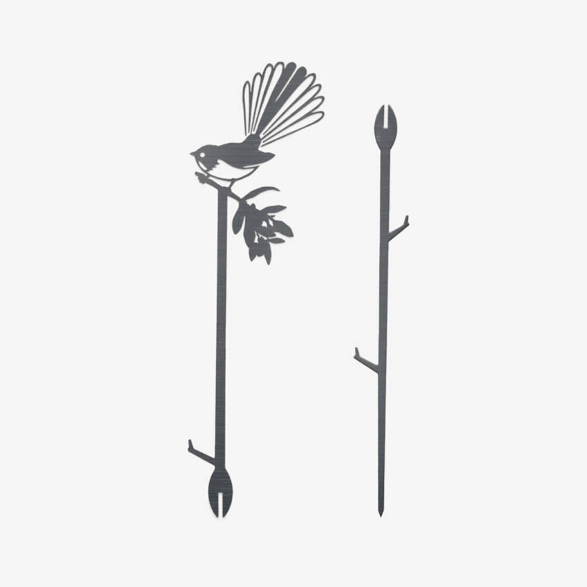 The Metalbird Piwakawaka Plant Stake separated on a blank background