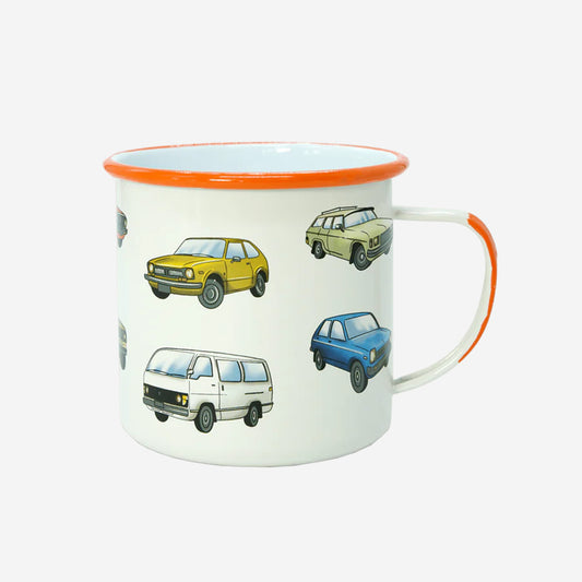 The Moana Road Vintage Car Enamel Mug on a blank background