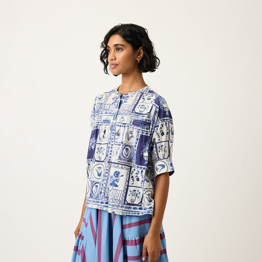 The Nancybird Gwen Blouse in Lyon Tile on a model