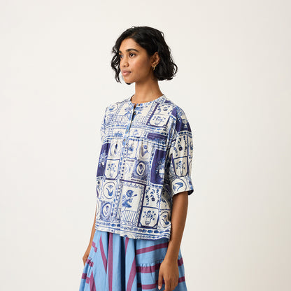 The Nancybird Gwen Blouse in Lyon Tile on a model