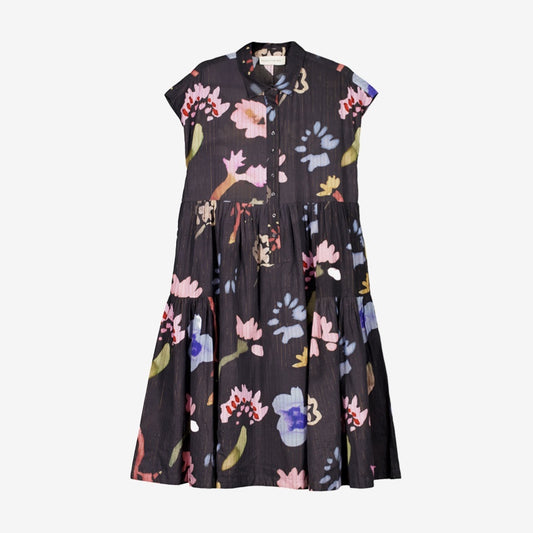The Nancybird Maja Dress in Watercolour Charcoal on grey background