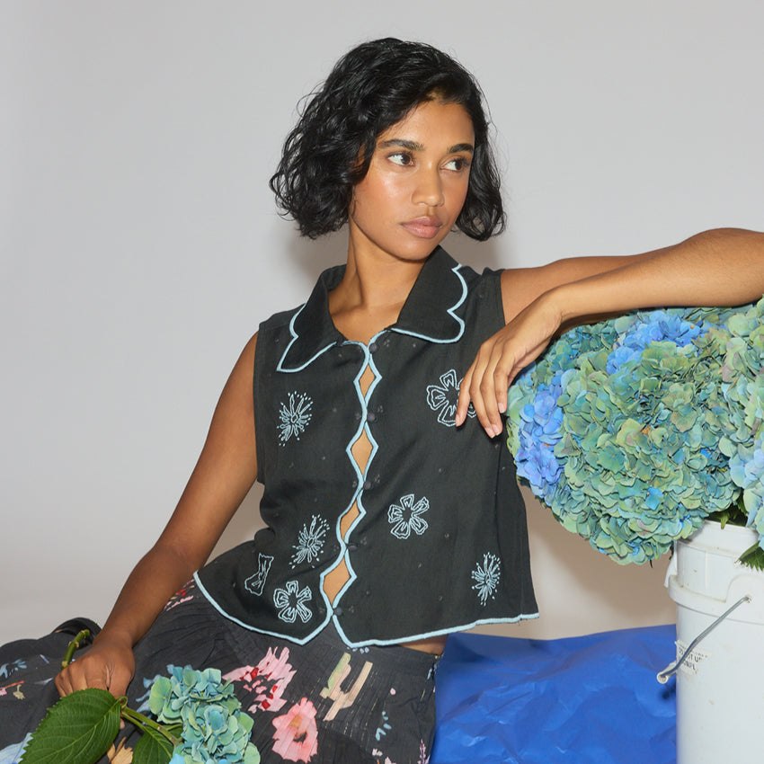 Tuva Vest | Charcoal Embroidered