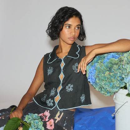 Tuva Vest | Charcoal Embroidered