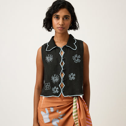 Tuva Vest | Charcoal Embroidered