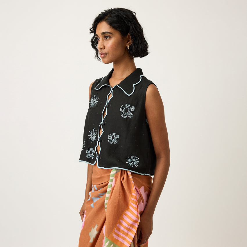 Tuva Vest | Charcoal Embroidered