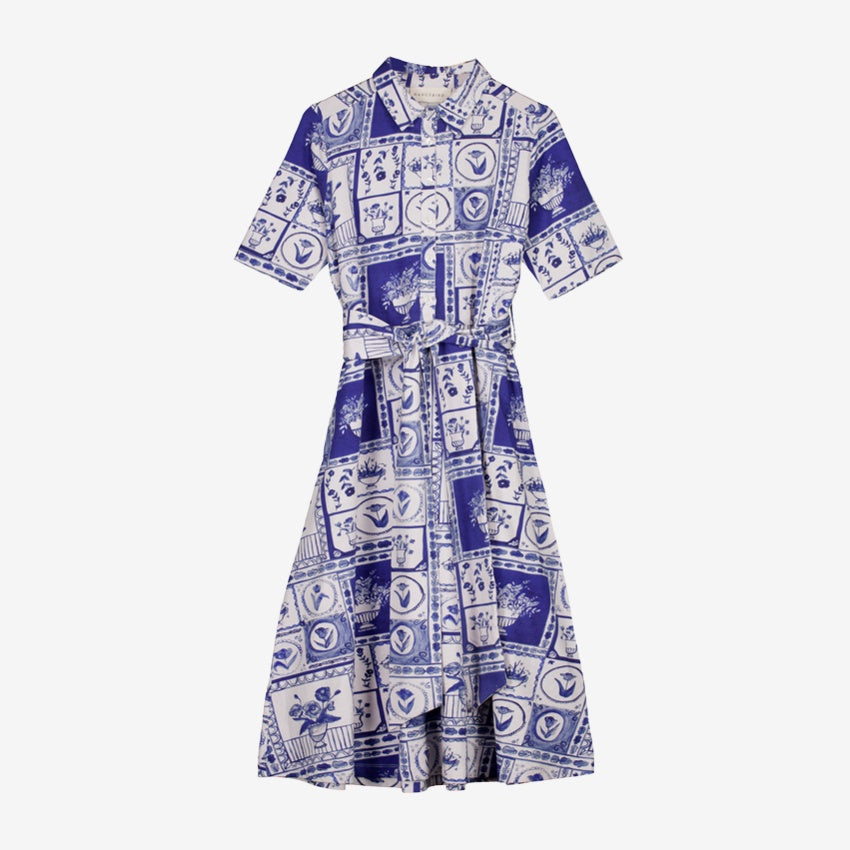 The Nancybird Vera Short Sleeve Dress in Lyon Tile on a grey background
