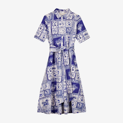 The Nancybird Vera Short Sleeve Dress in Lyon Tile on a grey background