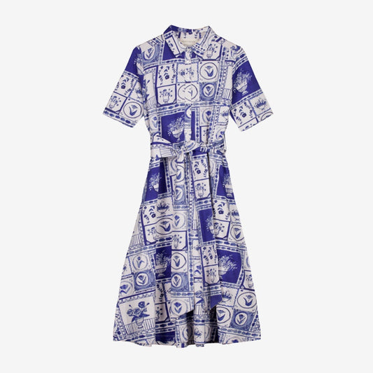 The Nancybird Vera Short Sleeve Dress in Lyon Tile on a grey background