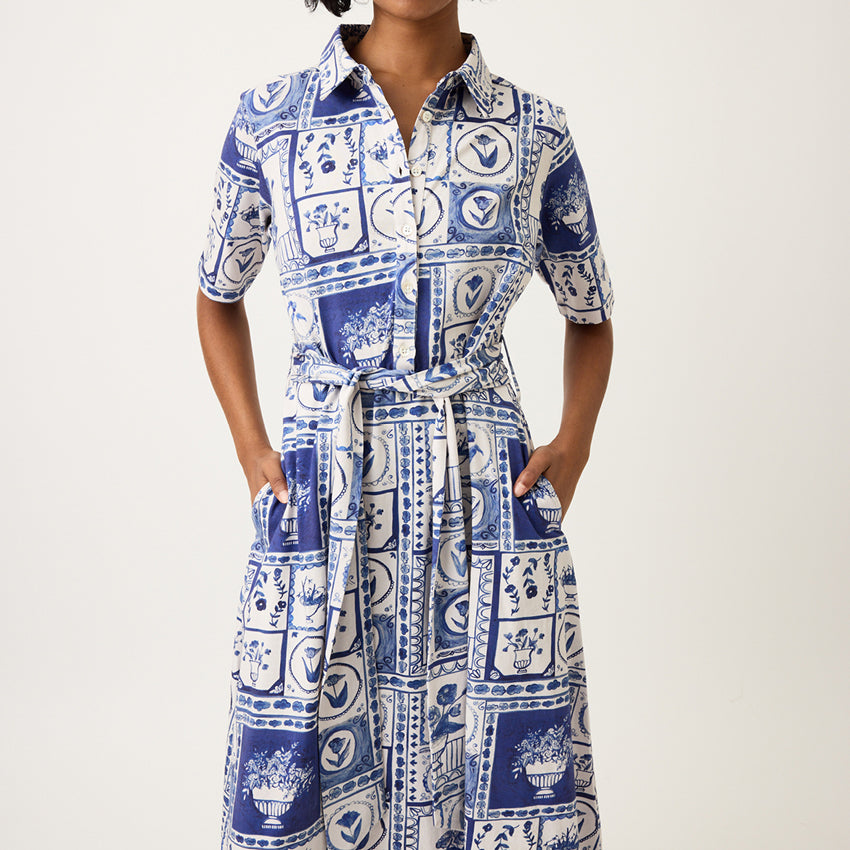 A close up of the Nancybird Vera Short Sleeve Dress in Lyon Tile on a model 