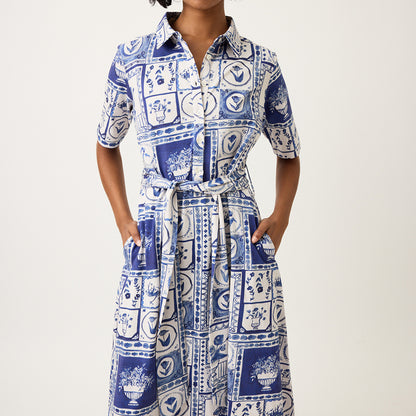 A close up of the Nancybird Vera Short Sleeve Dress in Lyon Tile on a model 