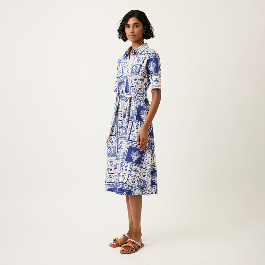 The Nancybird Vera Short Sleeve Dress in Lyon Tile on a model turned to the side