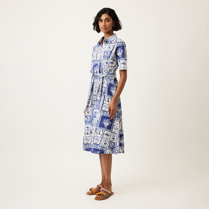 The Nancybird Vera Short Sleeve Dress in Lyon Tile on a model turned to the side