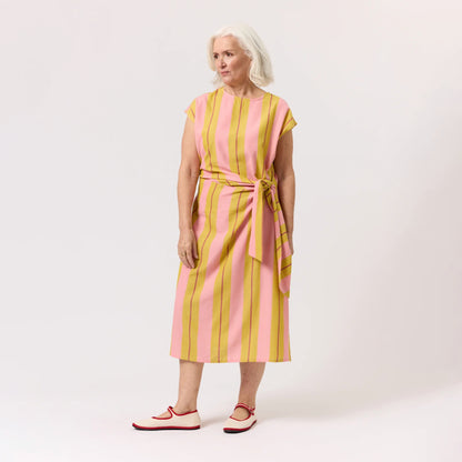 The Nancybird Cacey Dress in Dusk Stripe on a model on a blank background