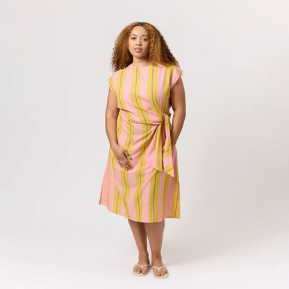 The Nancybird Cacey Dress in Dusk Stripe on a model on a blank background