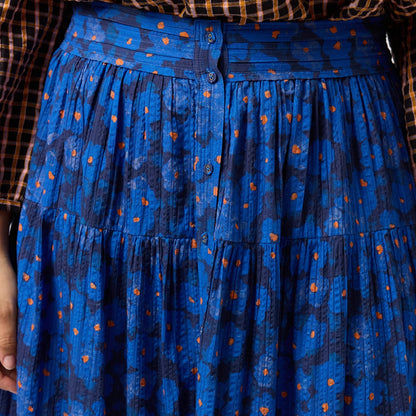 A closeup of the Nancybird Coco Pintuck Skirt in Midnight Floral on a model.