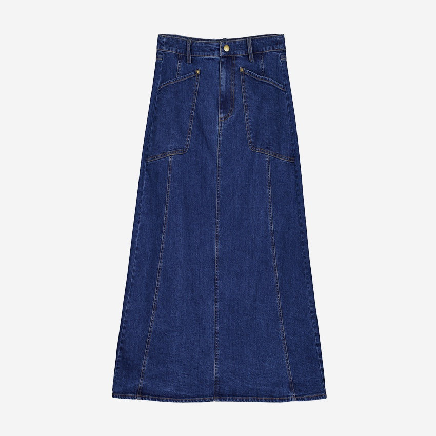 The Nancybird Franny Skirt in Denim on a blank background