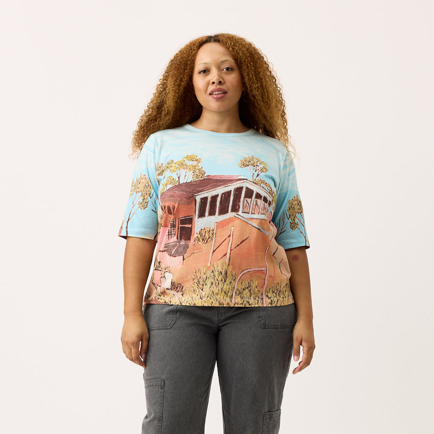 The Nancybird Grace Tee in Shack print on a model on a blank background