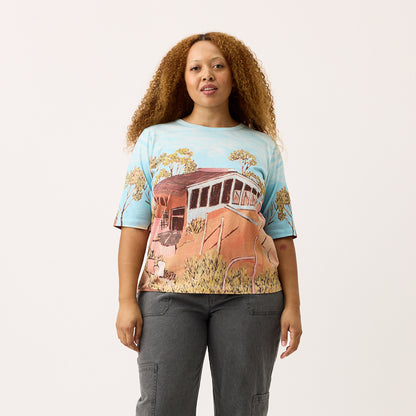 The Nancybird Grace Tee in Shack print on a model on a blank background