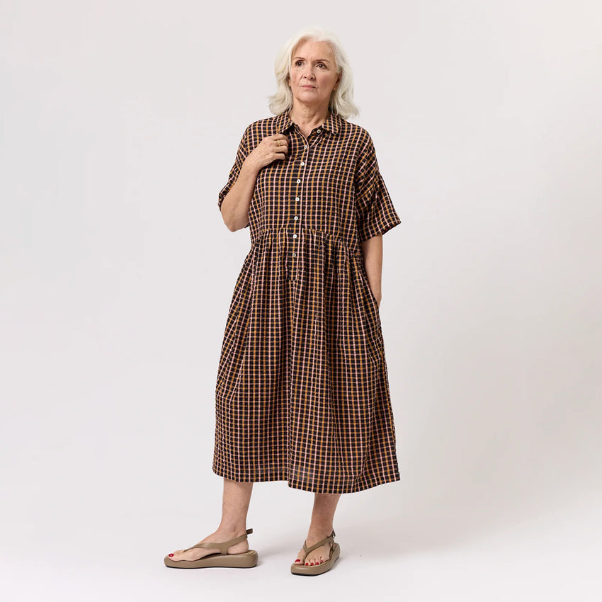 The Nancybird Luma Shirt Dress in Jaipur Check on a model on a blank background